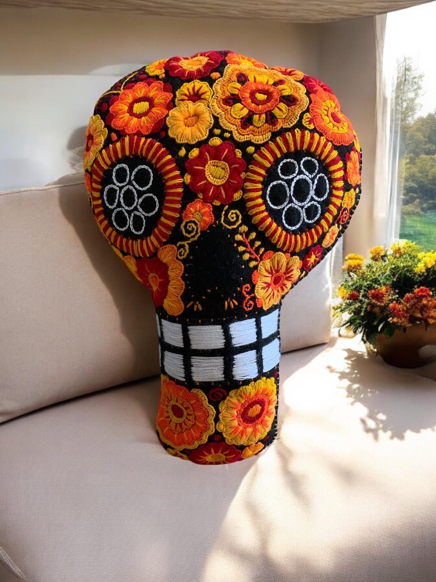 Hand Embroidered Calavera Pillow