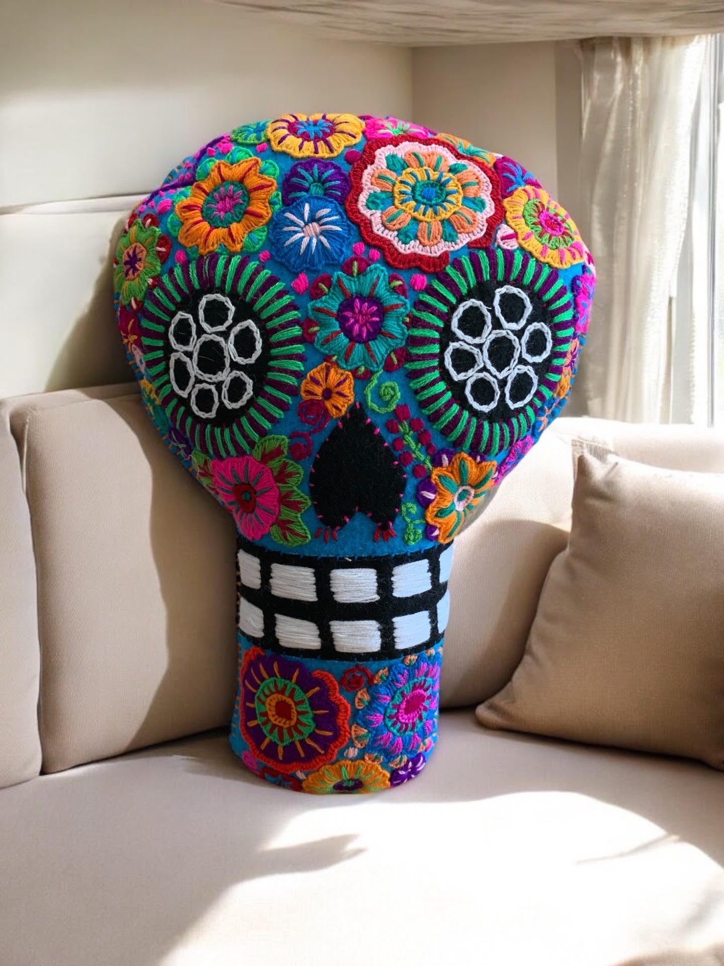 Hand Embroidered Calavera Pillow